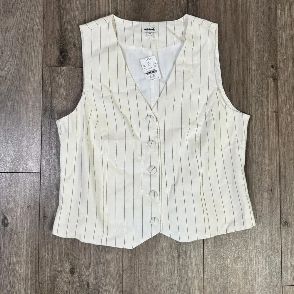J.Crew Linen Blend Vest Womens 12 White Brown Pinstripes Sleeveless V-neck Lined